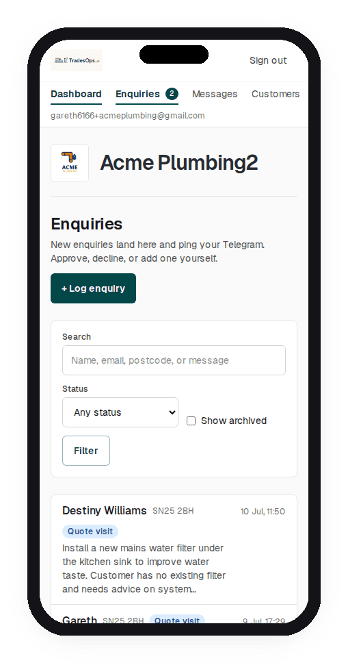 Enquiries list with quote-visit badges