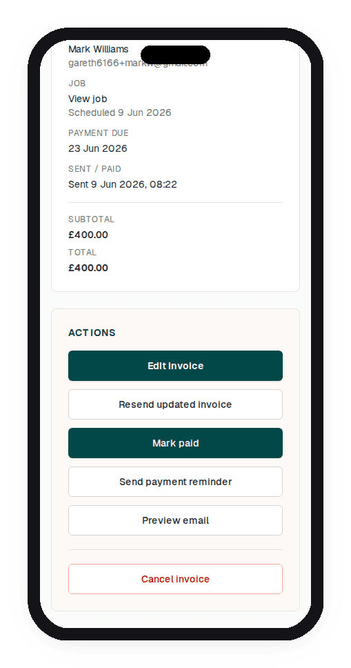 Overdue invoice with a one-tap payment-reminder button