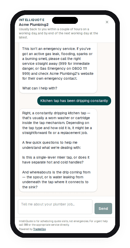 IntelliQuote website widget mid-conversation, giving a plain-English take on a dripping kitchen tap
