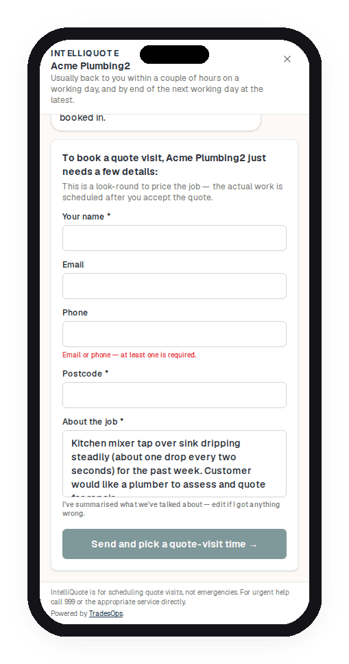 IntelliQuote widget showing the booking-details form with name, contact, postcode and an AI-drafted job summary