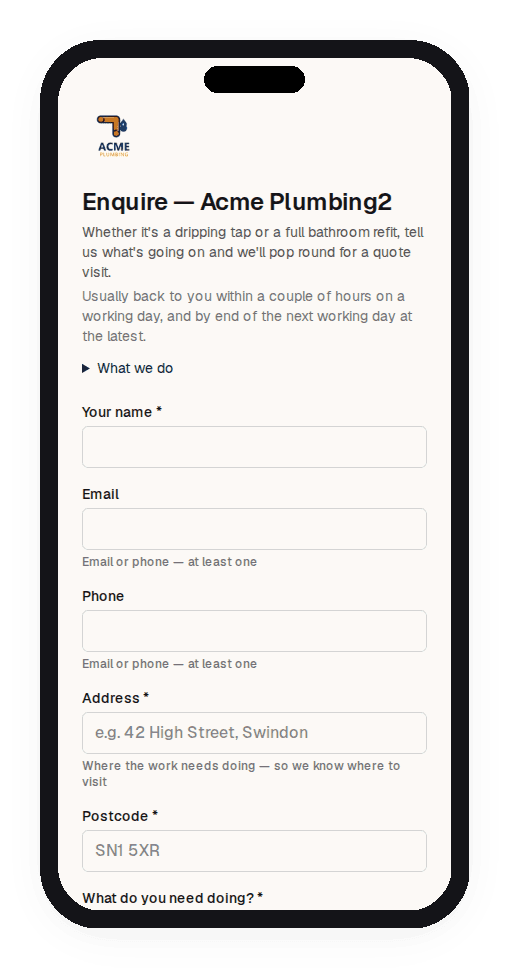 Public enquiry page with customised greeting and specialisms