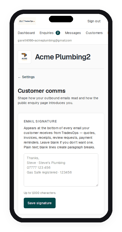 Customer comms settings — email signature and public enquiry page