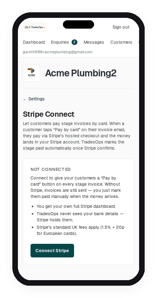 TradesOps Stripe Connect setup screen — connect once, TradesOps takes no cut