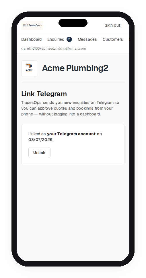 Telegram pairing screen