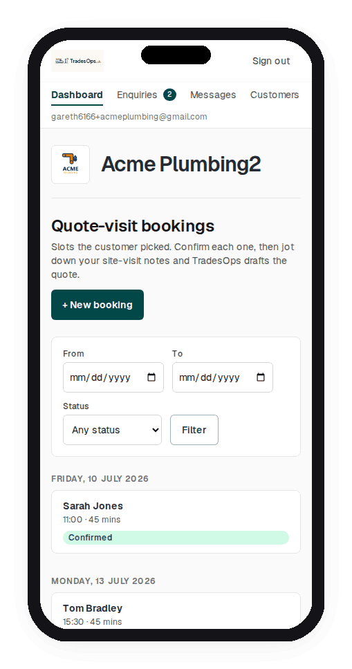Bookings and calendar view