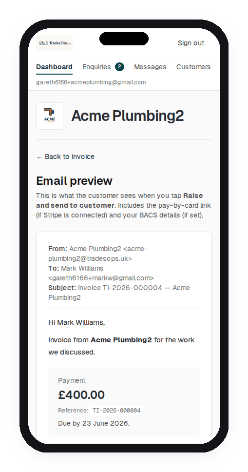 Preview of the invoice email the customer sees