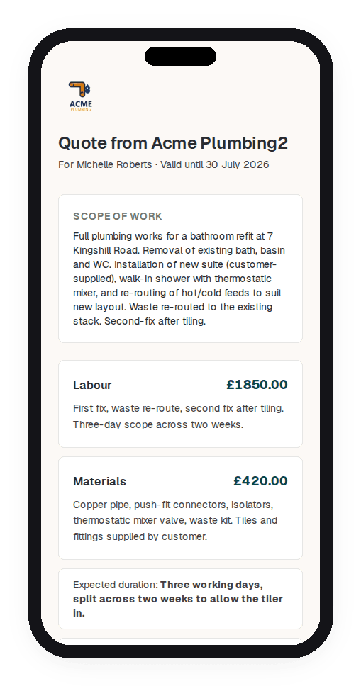 Customer-facing quote view showing scope of work, labour, materials and total for a bathroom refit