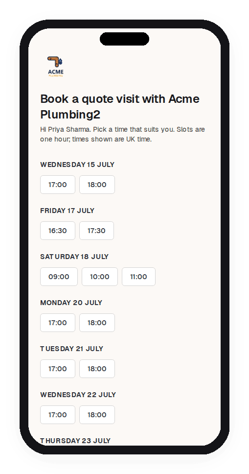 Customer-facing slot picker with a week of available quote-visit times