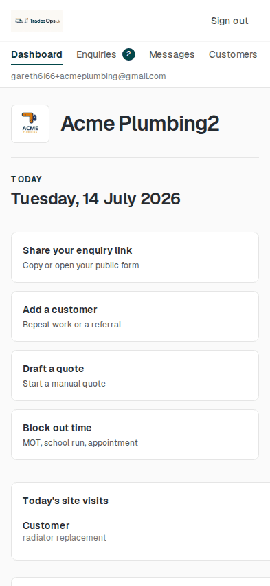 TradesOps dashboard showing today's date, quick actions and upcoming site visits