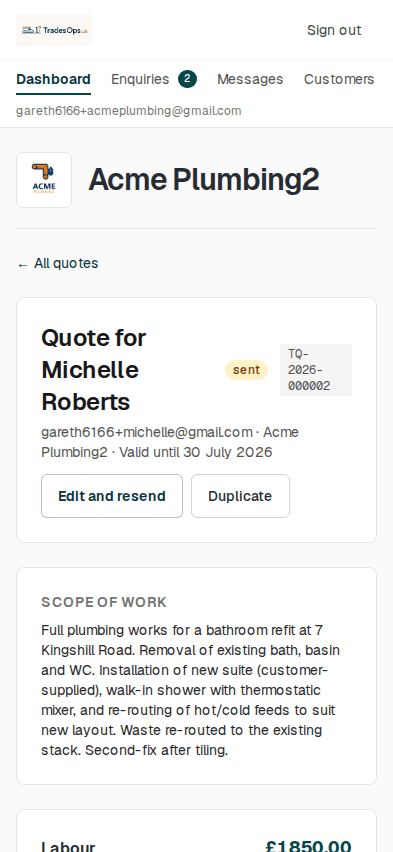 Quote detail page showing scope of work, labour, materials and totals for a bathroom refit