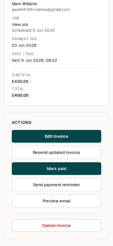 Overdue invoice with a one-tap Send payment reminder button