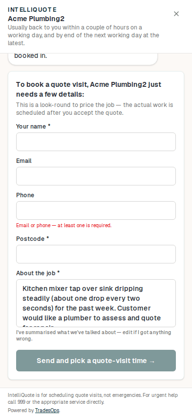 IntelliQuote website widget showing the booking-details form filled in with the AI-drafted job summary